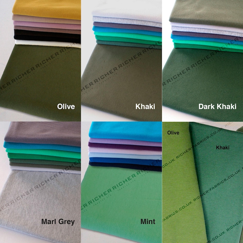 May include: A stack of different colored jersey knit fabric swatches. The colors include olive, khaki, dark khaki, marl grey, mint, and turquoise.