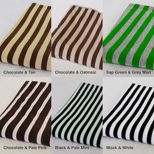 May include: Six fabric swatches with different striped patterns. The swatches are arranged in two rows of three. The top row shows chocolate and tan stripes, chocolate and oatmeal stripes, and sap green and grey marl stripes. The bottom row shows chocolate and pale pink stripes, black and pale mint stripes, and black and white stripes.