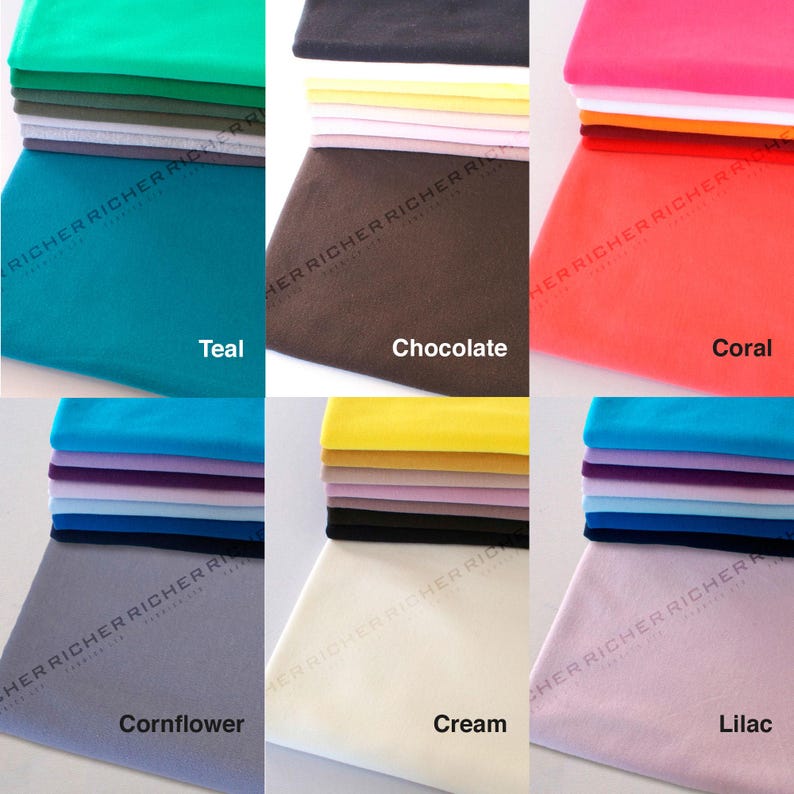 May include: A collection of ten fabric swatches in various colors, including teal, chocolate, coral, cornflower, cream, and lilac. Each swatch is folded and stacked on top of each other.