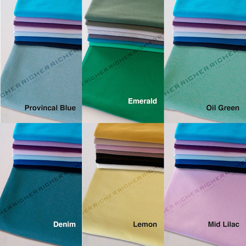 May include: Stacks of fabric swatches in various colors, including provincial blue, emerald, oil green, denim, lemon, and mid lilac. The fabric swatches are arranged in a grid pattern.