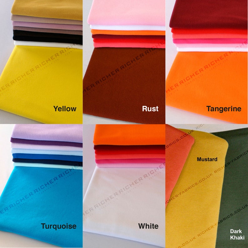 May include: A collection of 10 different colored fabric swatches. The colors are yellow, rust, tangerine, mustard, turquoise, white, dark khaki, purple, light blue, and black.