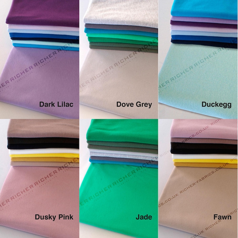 May include: A collection of ten fabric swatches in various colors, including dark lilac, dove grey, duck egg, dusky pink, jade, and fawn. The swatches are stacked on top of each other and are all the same size.