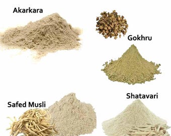 Organic Shatavari, Safed Musli, , Akarkara, Gokhru, 400Gm Combo Pack 100Gm Each Herb powder
