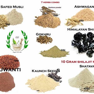 Puede incluir: Una colección de 10 hierbas y polvos diferentes, incluyendo Ashwagandha, Safed Musli, Gokshuru y Shatavari. La imagen también incluye el texto "7 Herbs Combo", "10 Gram Shilajit Free" y "Organic Store India".