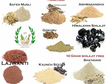 Ajurwedyjska kombinacja ziół | Ashwagandha, Shatavari, Safed Musli, nasiona Lajwanti, nasiona Kaunch, Gokhru, Akarkara | Opakowanie 350g Siedem ziół po 50g każde