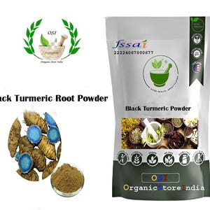 May include: A package of black turmeric powder with the text "Black Turmeric Powder" and "Organic Store India". The image also shows black turmeric root and powder in a small glass bowl.