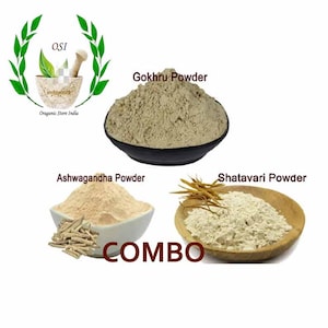 Puede incluir: Un pack combo de tres polvos de hierbas diferentes: Ashwagandha Powder, Shatavari Powder y Gokhru Powder. Los polvos están en cuencos separados, con la palabra "COMBO" impresa en letras grandes debajo.