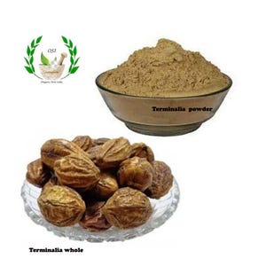 May include: Two images of Terminalia fruit. The first image shows a bowl of brown Terminalia powder. The second image shows a pile of whole Terminalia fruit.