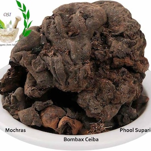 May include: A close-up of a pile of dark brown dried herbs, labeled "Mochras", "Bombax Ceiba", and "Phool Supari".