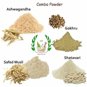 Puede incluir: Imagen que muestra una variedad de polvos y raíces herbales, incluyendo Ashwagandha, Gokhru, Shatavari y Safed Musli. Los polvos son de tonos beige y verde, con las raíces en tonos naturales. El texto "Combo Powder" está en la parte superior.
