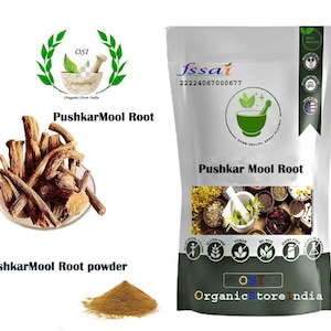 May include: A white stand-up pouch labeled Pushkar Mool Root with a mortar and pestle graphic, alongside a clear bowl of brown woody root pieces and a small pile of light brown root powder. The packaging features the text Organic Store India.