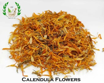 May include: Dried calendula flowers, also known as pot marigold, are a vibrant orange color and have a delicate, slightly sweet scent. They are often used in herbal teas, tinctures, and salves.