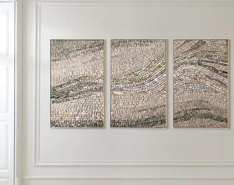 May include: A triptych of three rectangular wall art pieces featuring a mosaic pattern of small, iridescent, and metallic-toned square tiles arranged in flowing, wave-like horizontal bands of silver, gray, and soft pearlescent hues.