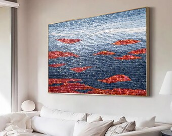 Décor mural en mosaïque bleue et rouge, grand art mural en toile moderne rouge et bleu, peinture bleue en mosaïque