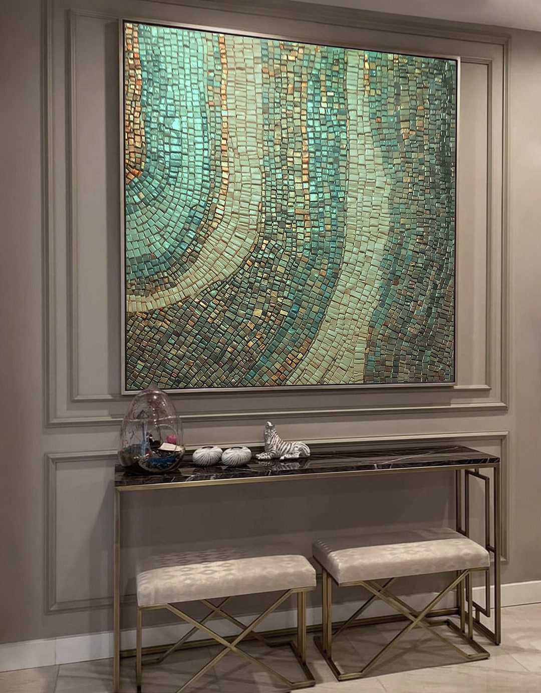 Green and Gold Wall Art, Green Tones Mosaic Wall Decor on Canvas ...