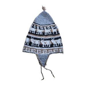 May include: A grey, white, black, and tan knit earflap hat featuring a repeating pattern of stylised animals and geometric shapes. The hat has a pointed crown with a small tassel at the top and two braided ties extending from the earflaps.