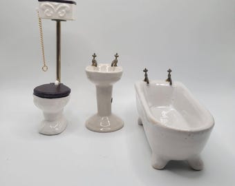 Vtg Reevesline Doll HouseToilet Sink Bathtub 3Porcelain Victorian Bathroom