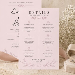 Puede incluir: Una tarjeta de detalles de boda en color rosa claro con texto negro e iconos de línea para alojamiento, transporte, código de vestimenta, registro, sitio web y contacto. Titulada DETAILS FOR OUR WEDDING DAY y firmada por Emma & Lucas.