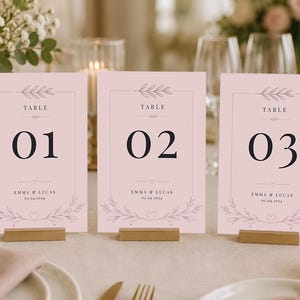 Può includere: Tre segnaposto rosa con i numeri neri 01, 02 e 03. Ogni biglietto ha un design floreale e la scritta "TABLE" in alto. I biglietti sono su supporti in legno, su un tavolo con fiori e candele.