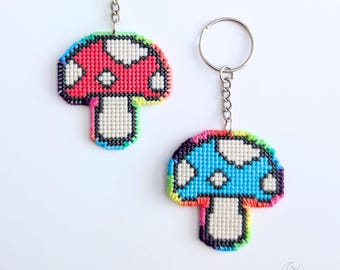 Handmade Cross Stitch Mushroom Keychain, Bag Charm