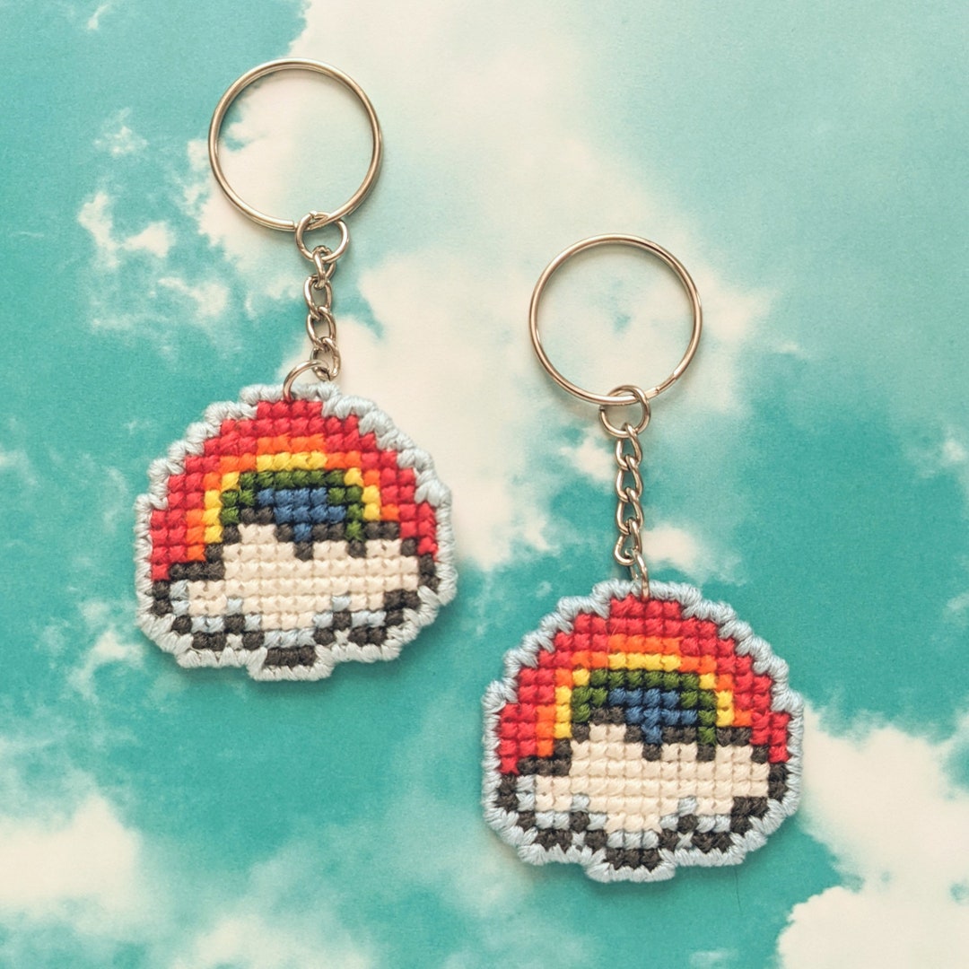 Handmade Pixel Art Rainbow Cross Stitch Keychain, Colorful Key Fob