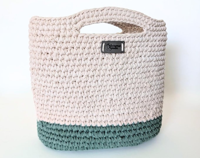 Featured listing image: Handmade Crochet Market Tote, Neutral Cotton Yarn Carryall with Green Base