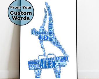 May include: A blue and white word cloud art print featuring the word "Alex" in the center. The word cloud is shaped like a gymnast performing a handstand on the uneven bars. The words in the cloud include "gymnastics", "balance", "bounce", "apparatus", and "acroatic".