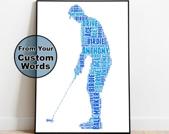 May include: A white background with a blue silhouette of a golfer made from the words "ace", "birdie", "drive", "ball marker", and "anthony".