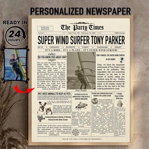 Personalized Wind Surfer Newspaper Gift: Custom Birthday Keepsake