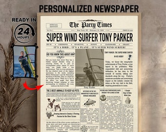 Personalized Wind Surfer Newspaper Gift: Custom Birthday Keepsake