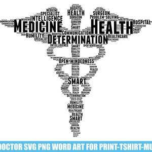 May include: Black and white word art design of a medical symbol with the words "Medicine", "Health", "Determination", "Open-Mindedness", "Smart", "Humility", "Intelligence", "Hospital", "Specialist", "Surgeon", "Problem-Solving", "Communication", and "Healthcare".
