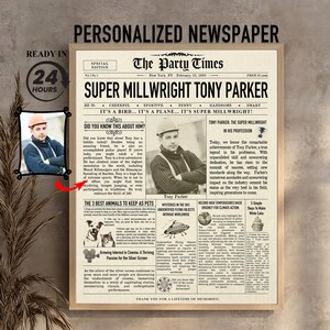Peut inclure: Une affiche de style journal vintage avec une photo d'un homme portant un casque. Le titre principal est "Super Millwright Tony Parker". L'affiche présente un design de journal vintage avec des articles sur les réalisations et les intérêts de Tony Parker.