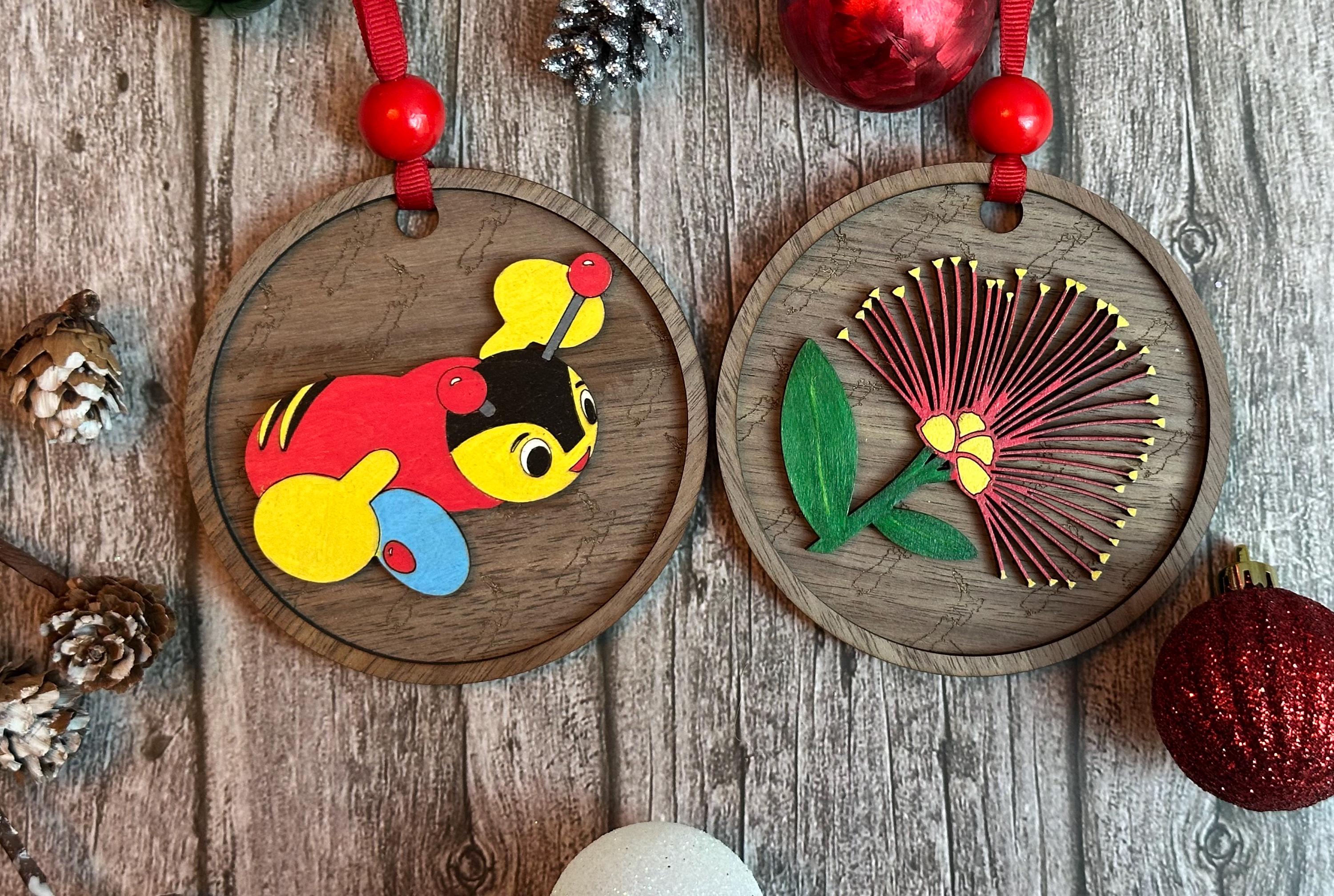 Pohutukawa and New Zealand Buzzy Bee Christmas Ornament, Kiwiana