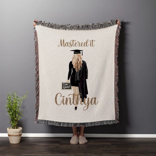 Personalized Mastered It Woven Blanket, Masters Degree Graduation Throw Blanket Gift, Daughter Graduation From Mom Organic Tapestry