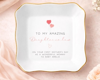 Personalized First Mother's Day For Daughter-in-law Jewelry Dish, Custom Mother's Day Pregnant Daughter In Law Ring Dish