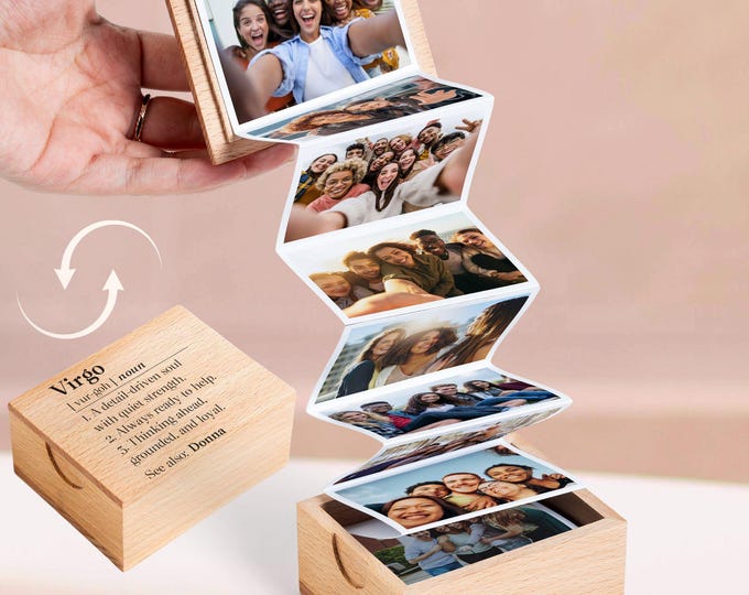 Personalized Zodiac Virgo Definition Pull Out Photo Album, Virgo Birthday Photo Memory Gift, Virgo Christmas Wooden Photo Box
