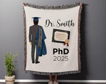 Personalized Phd Graduation Gift For Him Woven Blanket, Phd Grad Student Male Throw Blanket Gift, For Husband Organic Tapestry