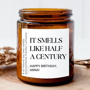 Personalized 50 Year Old Birthday Funny Candle, Custom Smells Like Fifty Gift, 50th Bday Party Decor Candle Amber Jar, Wife Candle Gift