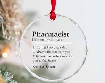 Personalized Pharmacist Definition Crystal Ornament, National Pharmacist Day Christmas Gift, Pharm D Thank You Glass Ornament