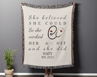 Personalized Nurse Graduation Woven Blanket, Nursing School Graduation Throw Blanket Gift, Custom RN BSN Graduate Organic Tapestry