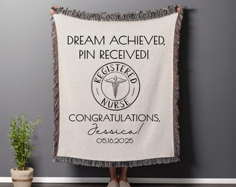 Personalized Rn Pinning Ceremony Woven Blanket, Custom Registered Nurse Pinning Throw Blanket Gift, Nursing School Graduate Organic Tapestry