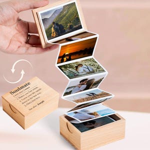 Personalized Soulmate Definition Pull Out Photo Album, Couple Anniversary For Him Photo Memory Gift, For Husband Wooden Photo Box