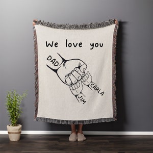 Dad And Kids Hands Personalized Woven Blanket, Cute Fathers Day From Children Throw Blanket Gift, For Dad With Kids Organic Tapestry