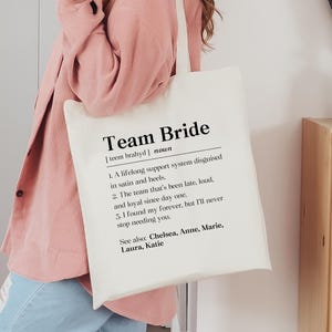 Personalized Team Bride Definition Tote Bag, Bridal Party Canvas Tote, Bride Squad Gift, Bachelorette Party Gift Tote, For Bridesmaids Tote