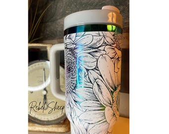 40 oz. Tumbler with Handle Laser Engraved with Sunflowers White on Rainbow