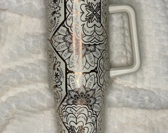 40 oz. Copper/Cream Tumbler with Handle Laser Engraved Mandala Cuss Word