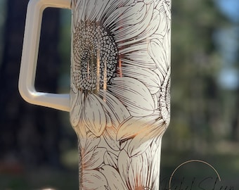 40 oz. Copper/Cream Tumbler with Handle Laser Engraved with Sunflowers
