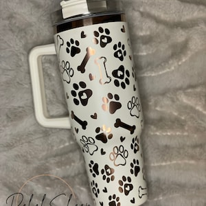 40 oz. Copper/Cream Tumbler with Handle Laser Engraved with Paw Prints and Bones Perfect for the Dog or Pet Lover