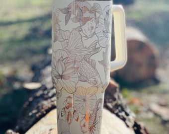 40 oz. Copper/Cream Tumbler with Handle Laser Engraved with Koi Fish