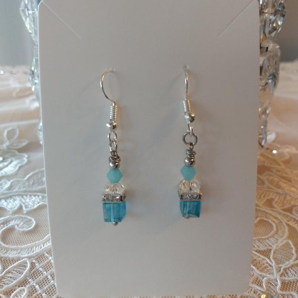 Delicate, Sparkly Turquoise/Milky Light Blue - Geometric Cube Dangle Earrings - Lead and Nickel Free - Lightweight